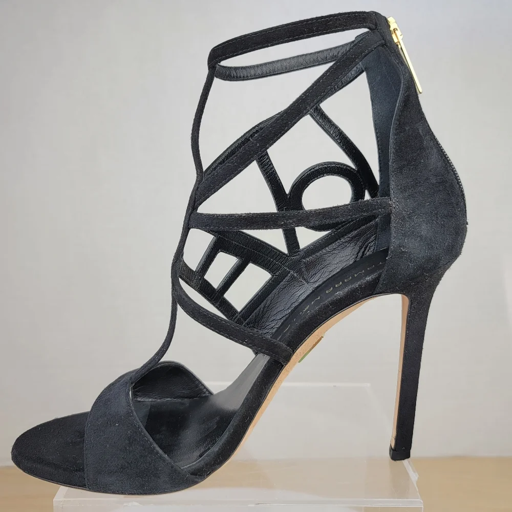 Tamara Mellon Black Suede Love Strappy Stiletto High Heel Sandals EU 37.5 US7